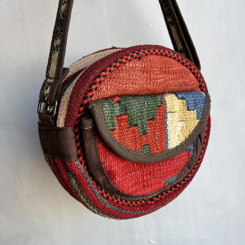 Vintage Kilim Tapestry Crossbody Bag Boho Festival Ethnic Red Brown Round Purse
